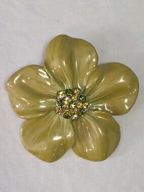 Large 3D Flower Brooch Green Yellow Enamel Petals Rhinestones Silver Tone Metal